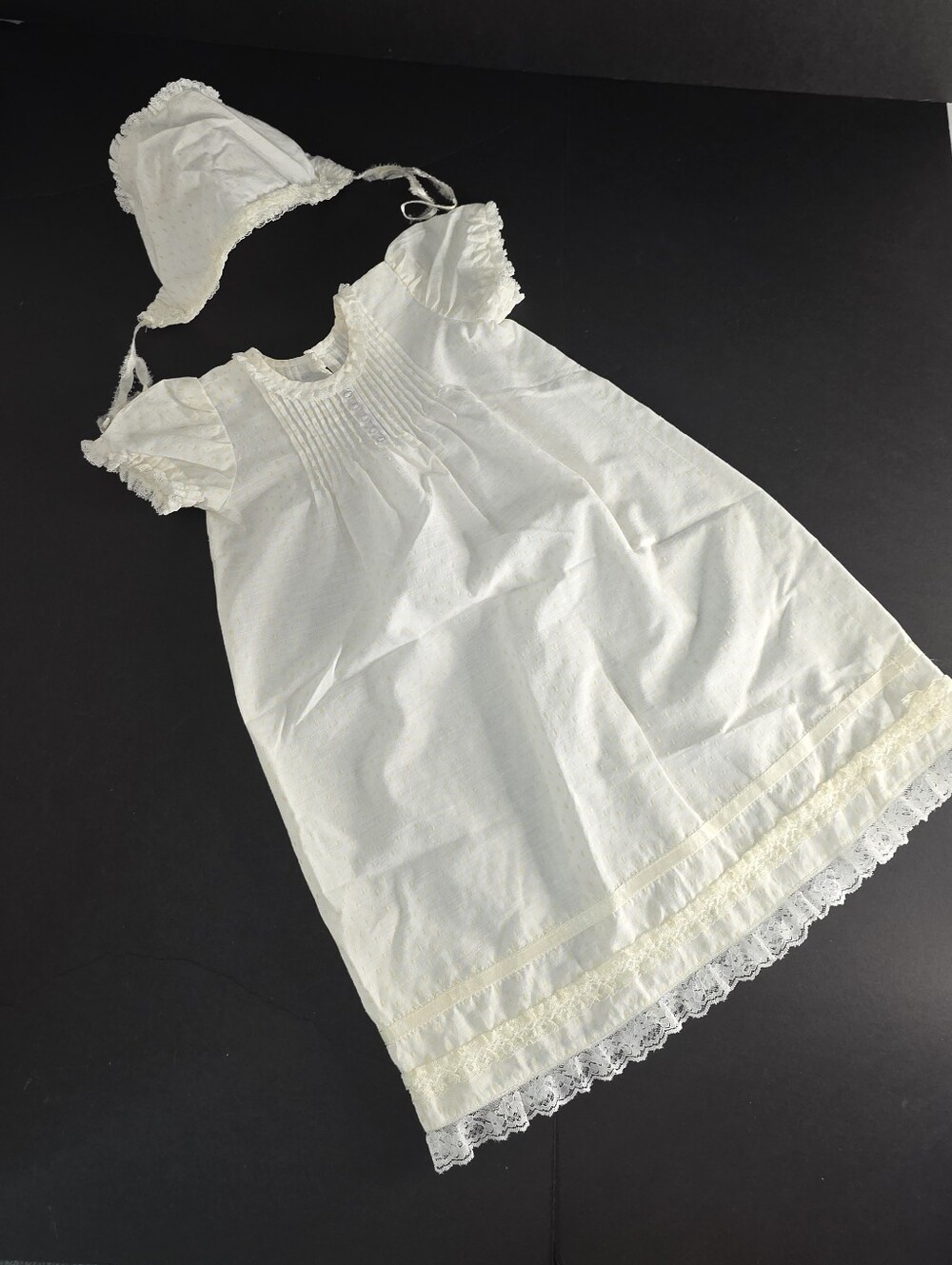 Vintage Ivory Baby Infant Dress Bonnet Matching Set Daygown Christening 60-70's